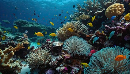 vibrant hues of coral reefs teeming with life, including tropical fish, sea anemones, and swaying sea fans