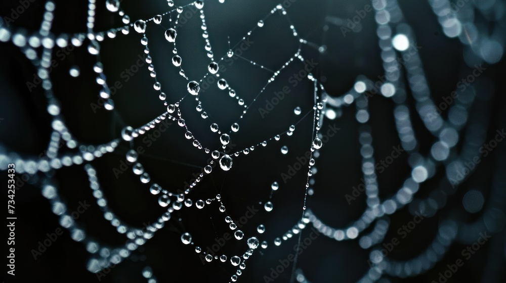 Poster a close up of water droplets on a spider web with the sun shining through the spider's web in the ce