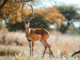 Solitary antelope standing in the savanna with alert posture. - obrazy, fototapety, plakaty