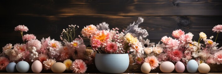 Easter panoramic Banner wallpaper. Spring pastel flowers and colorful painted eggs on rustic wooden dark table background. Easter Card with copy space for text. Advertisement