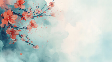 Watercolor style sakura background with empty copy space. Oriental asian inspired wallpaper art.