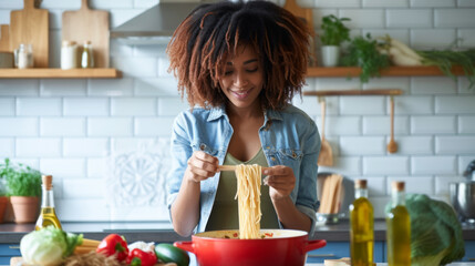 A woman smiling as she cooks, lifting spaghetti from a pot with tongs in a kitchen setting.