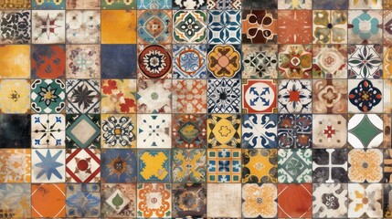  a close up of a tiled wall with many different colors and shapes of tiles in different shapes and sizes, including oranges, yellows, browns, browns, browns, browns, and browns.