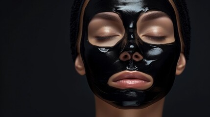 Woman with Black Facial Peel-Off Mask: Serene beauty portrait of a woman with closed eyes, wearing a shiny black peel-off mask on her face