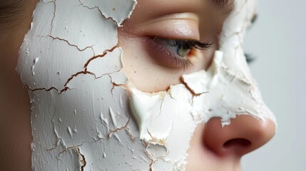Facial Mask Peeling Concept: Macro shot of a woman's face with a peeling white facial mask, emphasizing skin care.