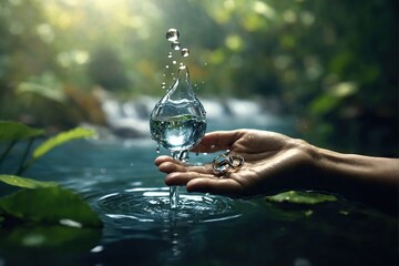 Water preserve concept, nature in shape of human hand dropping a water drop with rings and small splash - obrazy, fototapety, plakaty