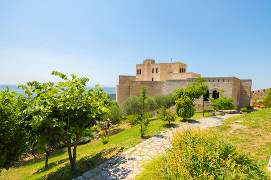 View of the beautiful Kruja Castle in summer. Traveling in Albania.