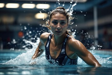 water splash or woman in swimming pool for competition training, fitness or energy - obrazy, fototapety, plakaty