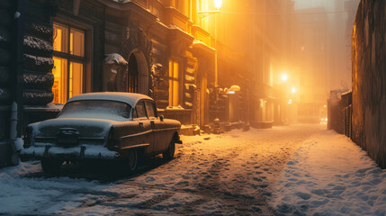 Vintage car in the street of Prague in winter. Czech Republic in Europe.