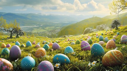  a painting of many colored eggs in a field of grass with mountains in the background and a blue sky with white clouds in the distance, with a few white daisies in the foreground. - obrazy, fototapety, plakaty