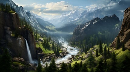 a dramatic mountain landscape with a waterfall plunging down a steep canyon, surrounded by rugged...