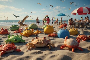 whimsical beach party attended by toys of anthropomorphic crabs, seagulls, and starfish, complete with beach umbrellas and sandcastles - obrazy, fototapety, plakaty