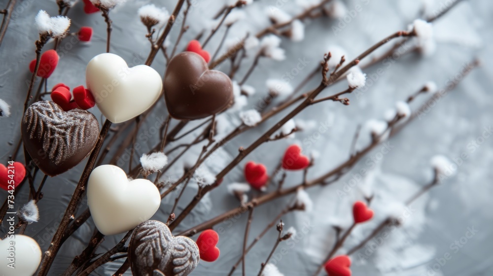 Poster a group of heart shaped chocolates sitting on top of a tree with red and white hearts on it's branch