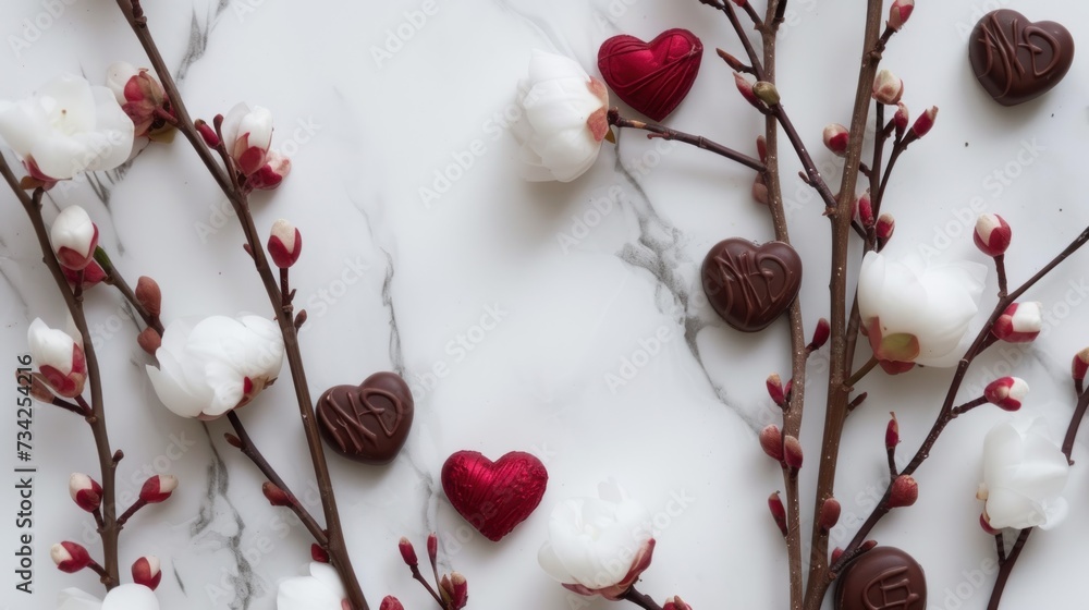 Poster a marble table topped with marshmallows, chocolate hearts, and a twig with a red heart in the middle