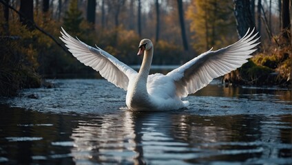 White swan beautiful wings in fantasy forest near lake