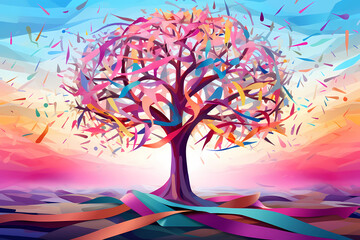 abstract tree with colorful rainbow and ribbon leaves