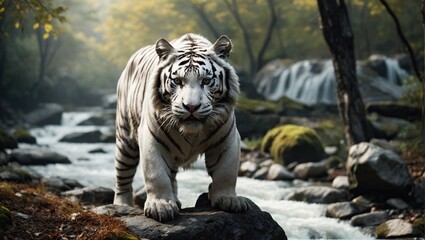 white tiger standing near water with blue eyes - obrazy, fototapety, plakaty