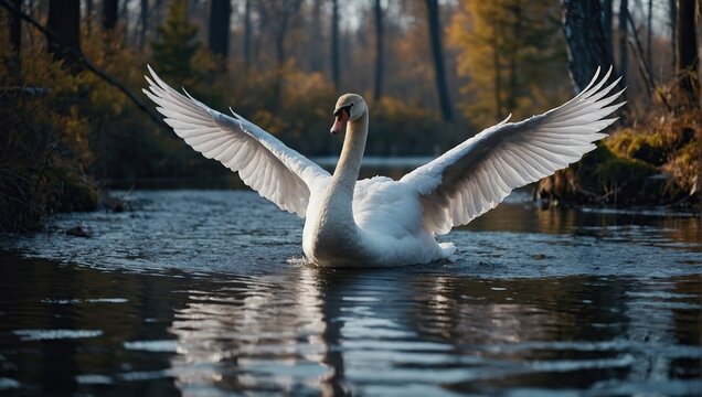 White swan beautiful wings in fantasy forest near lake