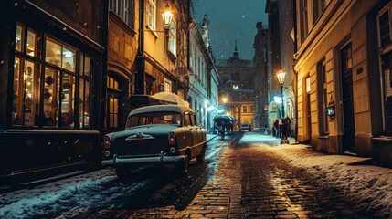 Vintage car park at old street in Prague city in a rainy night.