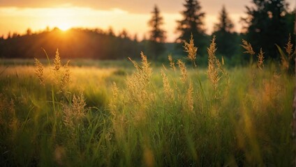 Wild grass in the forest at sunset