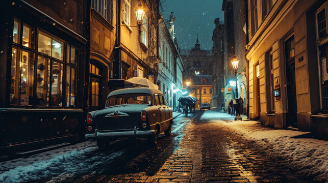 Fototapeta Vintage car park at old street in Prague city in a rainy night.