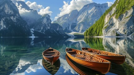  a couple of boats floating on top of a lake next to a lush green forest covered mountain side covered in snow covered clouds and a blue sky with fluffy white clouds.