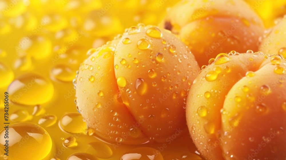 Poster a group of oranges sitting on top of a table covered in drops of water on top of a yellow surface wi