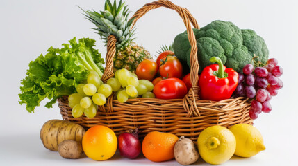 An assortment of colorful fresh vegetables and fruits spilling out of a wicker basket, representing a healthy diet and nutrition.