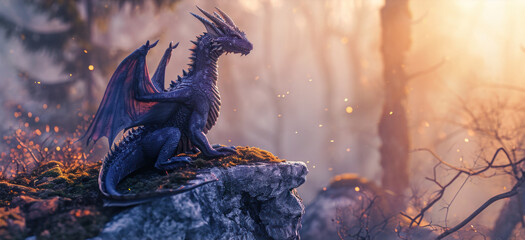 Cute baby dragon stand resting with its wings folded in a foggy forest. - obrazy, fototapety, plakaty