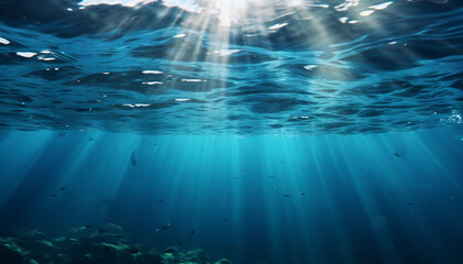 Fototapeta na wymiar Underwater blue nature, fish swimming in transparent water generated by AI