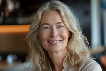 Smiling attractive mature white blond american woman looking at the camera	