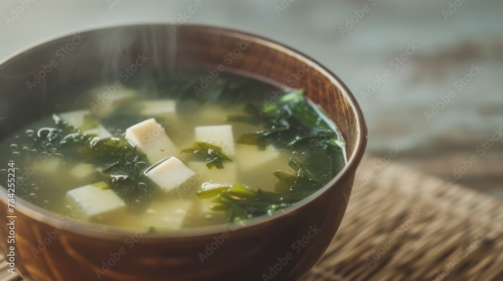 Poster a close up of a bowl of soup with broccoli and cubes of tofu on top of a mat on a table with a woode