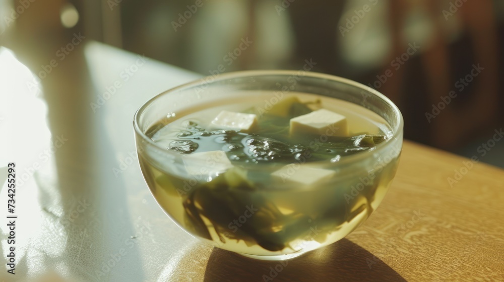 Poster a close up of a glass of water with ice cubes in it on a table with a shadow of a person in the back