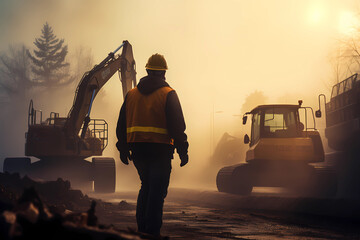 Heavy machine operator In front of site with copy space - obrazy, fototapety, plakaty