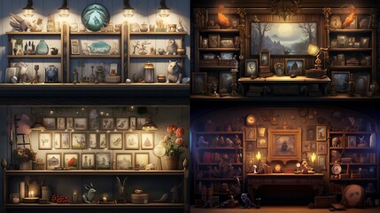 A fantasy-inspired room shelf with an empty photo case, showcasing mythical creatures in framed illustrations and mystical artifacts