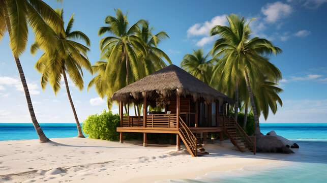 Beautiful wooden hut on beach with turquoise water and palm trees. Summer holiday concept.