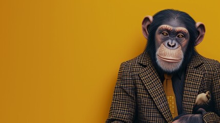 a chimpanzee wearing a suit with a tie on a plain yellow background on the left side of the image and the right side blank for text