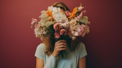 A young attractive woman with a beautiful bouquet of flowers covers her face against a bright background. The concept of a holiday, a gift for Valentine's Day and Women's Day.