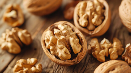 Obraz na płótnie Canvas Walnuts in shells on wood representing brain health, nutrition, natural food, and omega-3s.