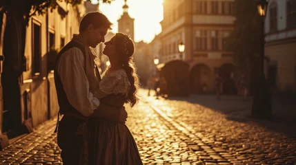 Schilderijen op glas Lifestyle portrait of Medieval young couple showing love at sunrise in Prague city in Czech Republic in Europe. © Joyce