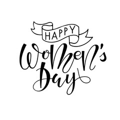 Fototapeta premium Happy Womens Day lettering for Card, Invitation, Banner, Poster. Calligraphy lettering isolated on white background. Handwritten calligraphy vector template. International Women's Day.
