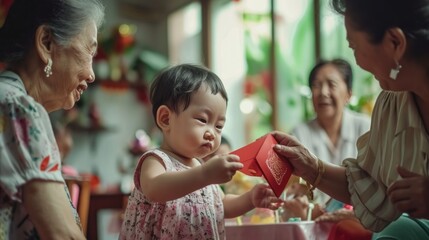 Senior family member give young kids red evelope, Hongbao. Chinese lunar new year celebration theme.