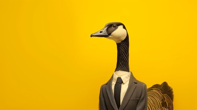a goose wearing a suit with a tie on a plain yellow background on the left side of the image and the right side blank for text