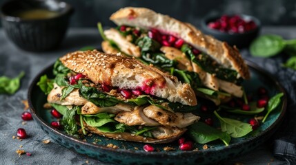  a sandwich with chicken, spinach, and pomegranates on a plate with a side of pomegranates.