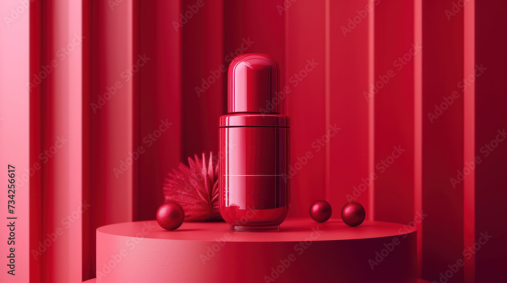 Poster a red bottle sitting on top of a table next to red balls and a red feather on top of it.