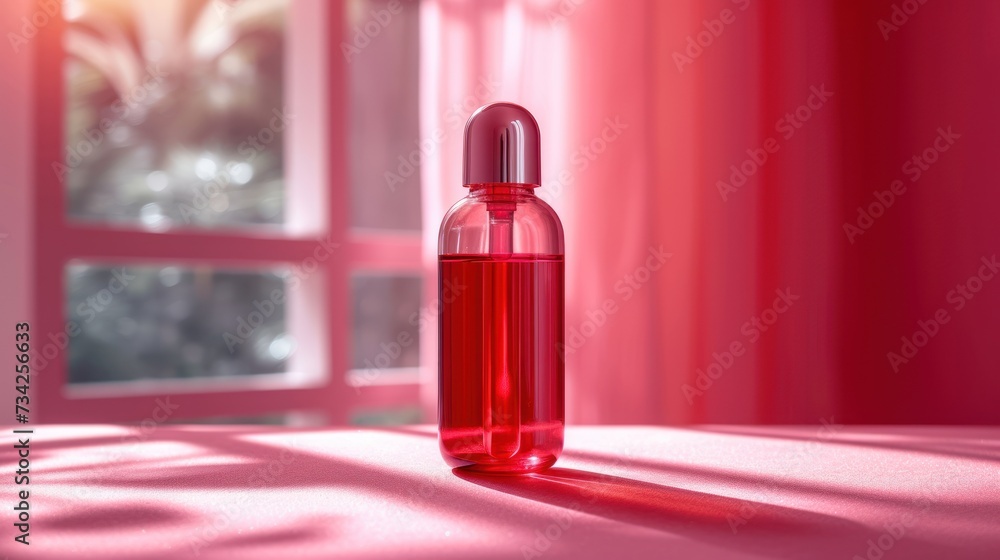 Aufkleber a bottle of red liquid sitting on top of a table next to a window with a red curtain behind it.
