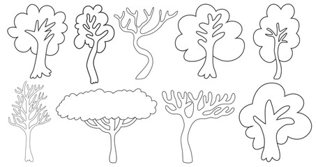 trees collection in a simple minimalist style in vector. Template for design, logo, print, icon. object in line art style for landscape, coloring