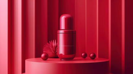  a red bottle sitting on top of a table next to red balls and a red feather on top of it.