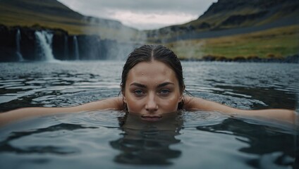  young woman enjoying spa in springs in Iceland nature