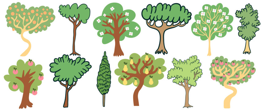 trees collection in flat style in vector. Template for design, logo, print, icon. objects for landscape, background, wallpaper.